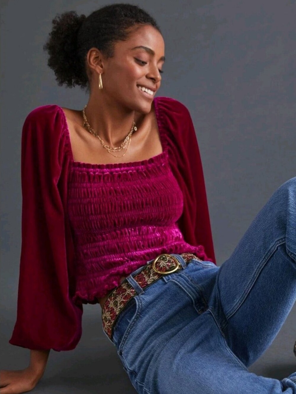 Anthropologie Velvet Smocked Puff Sleeve Peasant Top Deep Berry Women's Medium